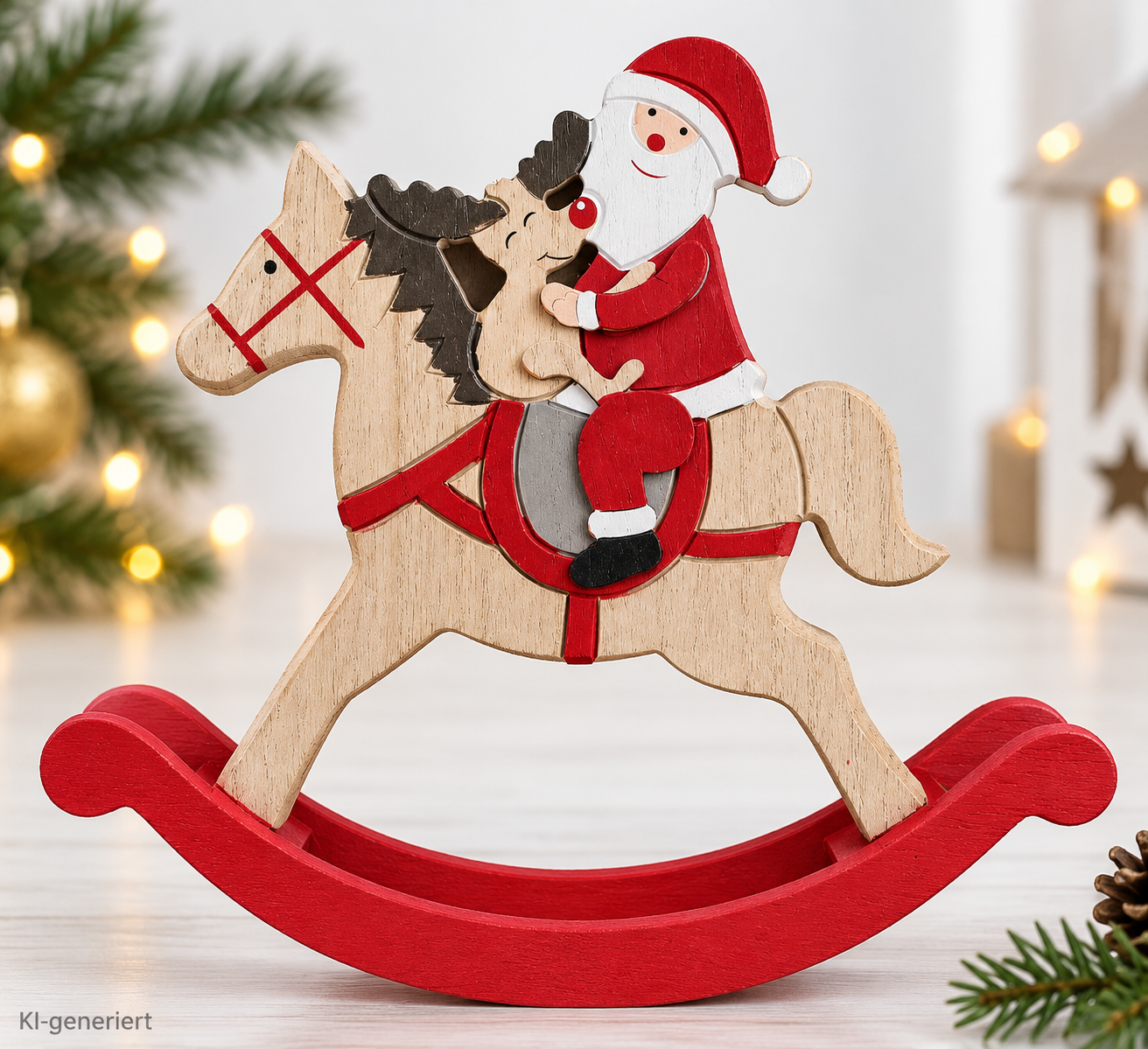 Wenco Weihnachtsmann Schaukelpferd Holz 21cm Weihnachtsdeko Dekofigur Rot HA21