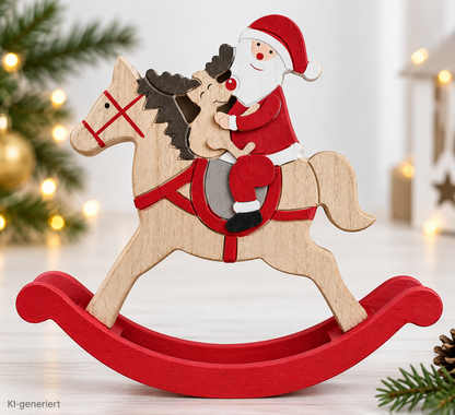 Wenco Weihnachtsmann Schaukelpferd Holz 21cm Weihnachtsdeko Dekofigur Rot HA21