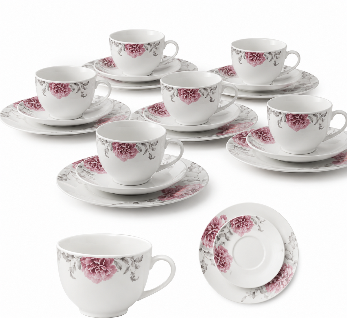 Arte Viva COMO Kaffeeservice 18tlg Porzellan 6 Personen Rosa Grau Blumen HA18
