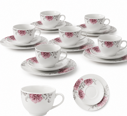 Arte Viva COMO Kaffeeservice 18tlg Porzellan 6 Personen Rosa Grau Blumen HA18