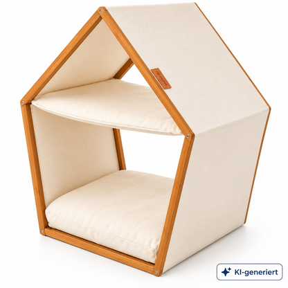 Nemmy Katzenlounge Katzenhaus 2 Etagen Walnuss Beige mit Liegekissen HA3