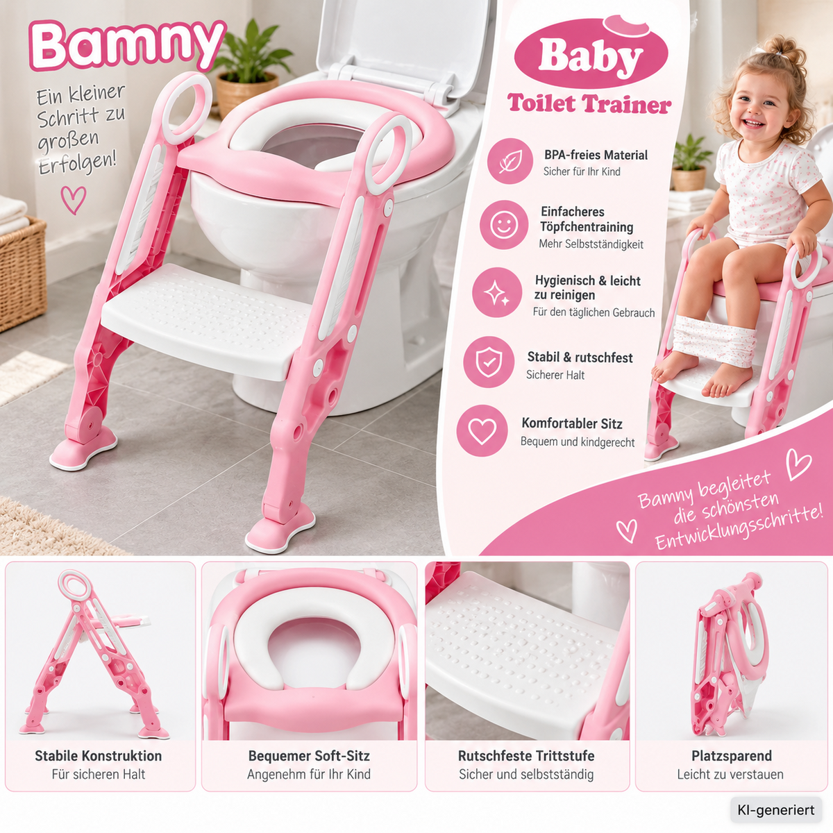 BAMNY BCA-002 Kinder Toilettensitz mit Treppe WC Trainer Rosa klappbar