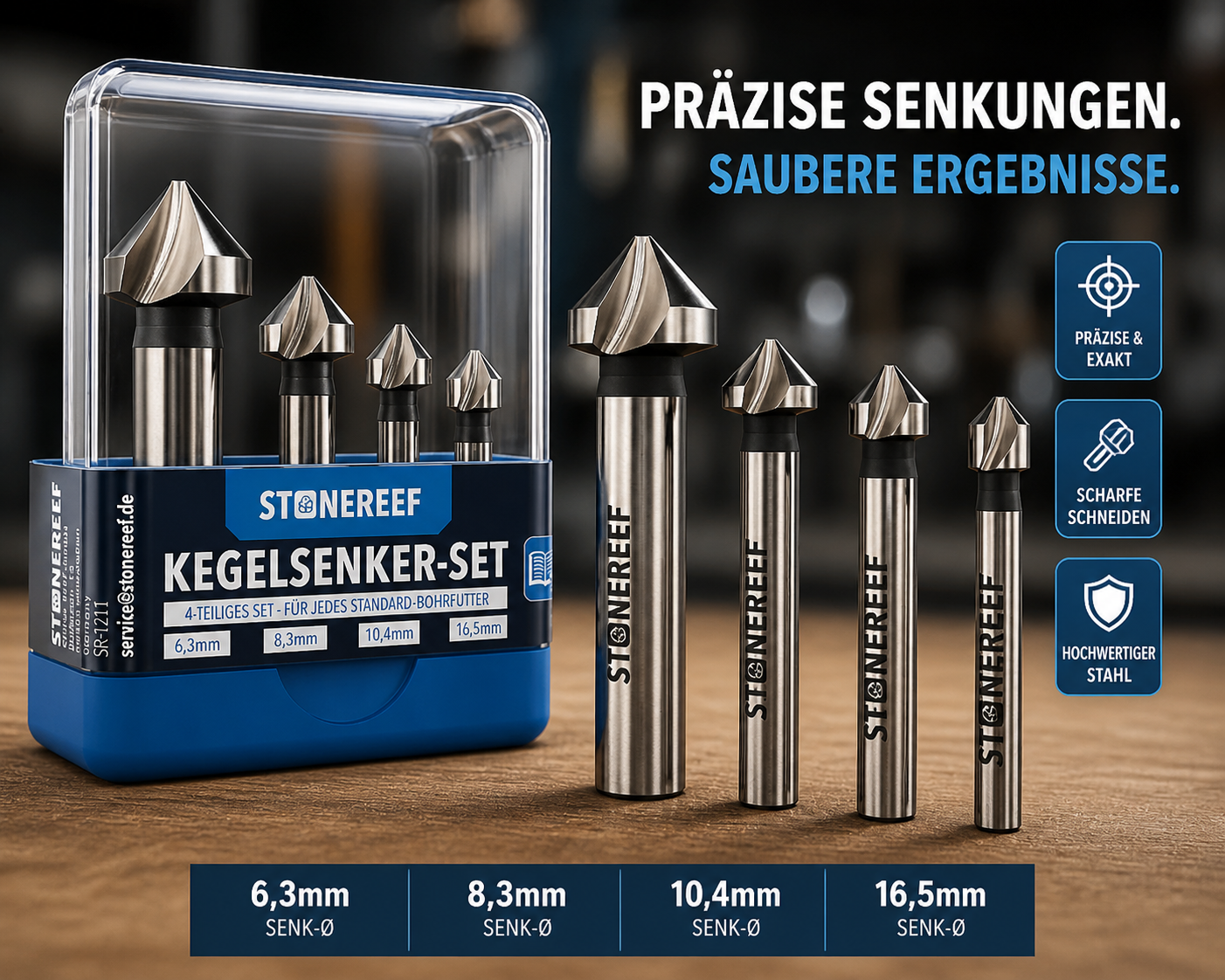 Kegelsenker Set 4tlg HSS 6,3-16,5mm Metall Holz Senker Bohrer Set