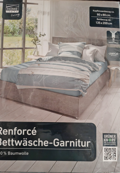 HOME IDEAS Renforcé Bettwäsche 135x200 80x80 cm Baumwolle Blau Grau Streifen E5