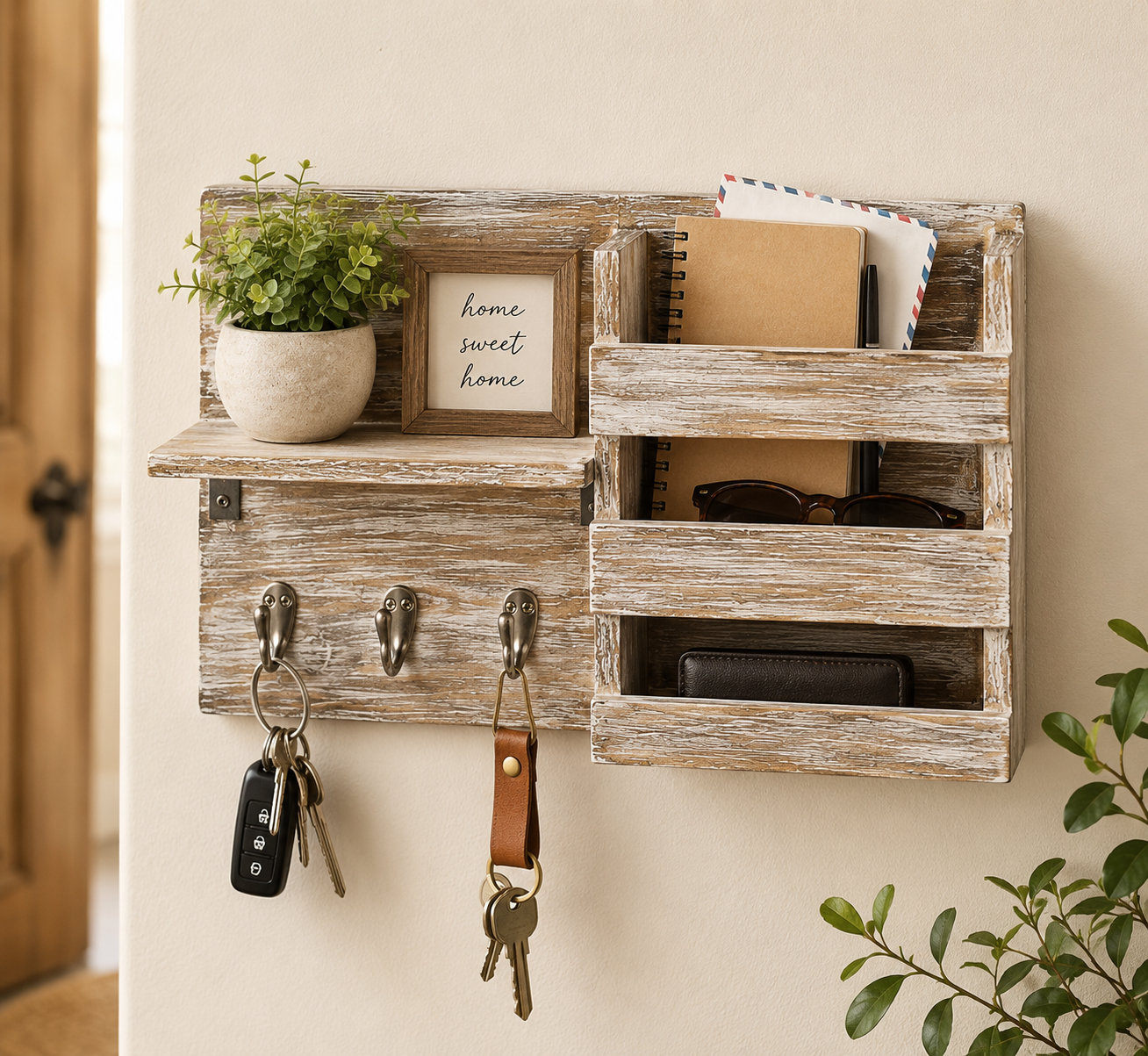 Spiretro Schlüsselhalter Holz Wandregal 3 Haken Ablage Briefhalter Rustikal HA1