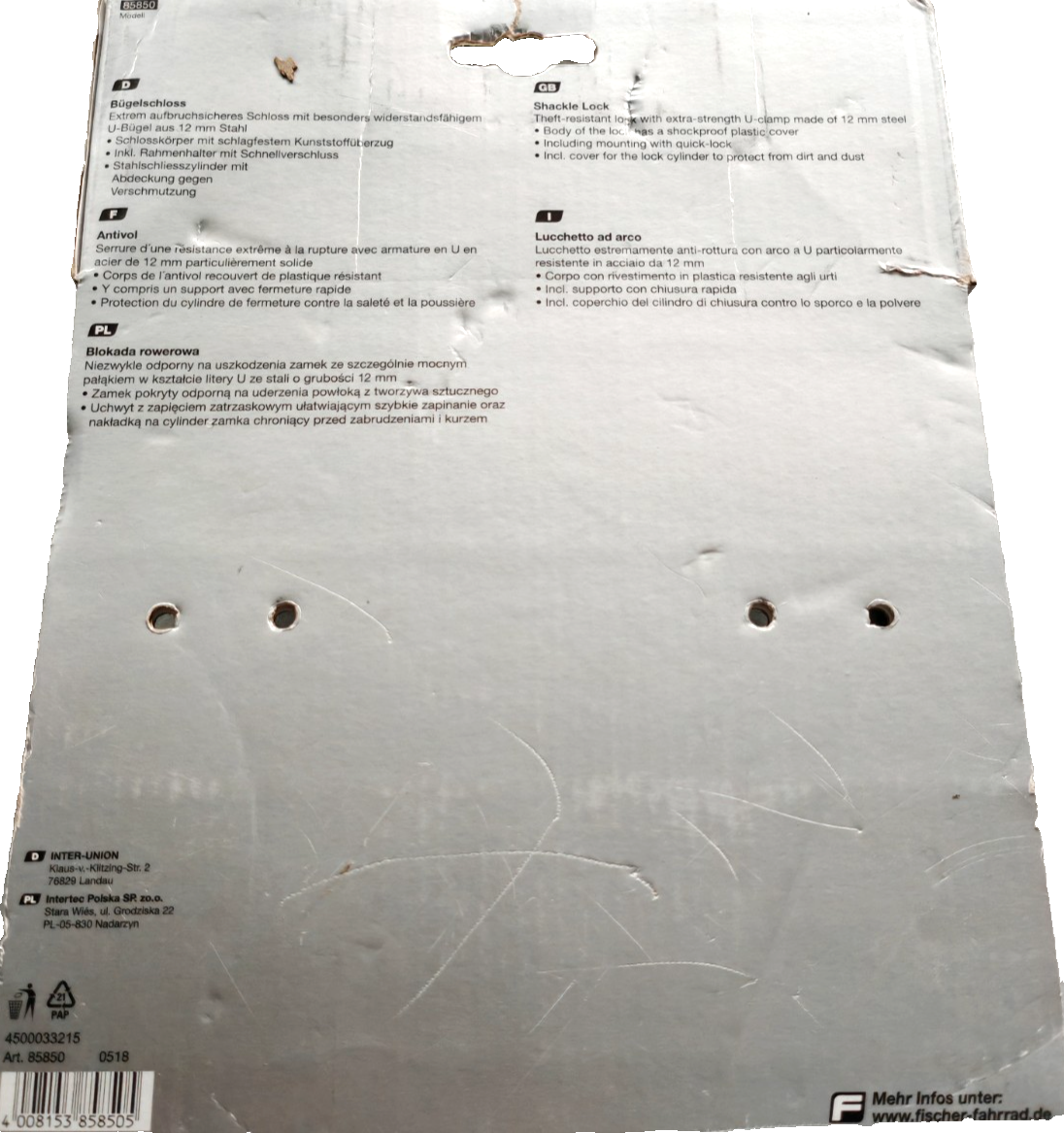 FISCHER ProLine Bügelschloss Fahrradschloss 20cm Ø12mm Security Level 8 E4