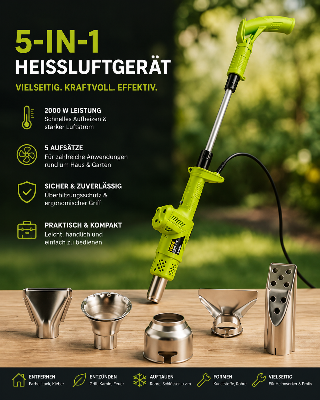 Kinzo Garden 3in1 Unkrautbrenner 2000W Abflammgerät Grillanzünder 360°C Grün A8