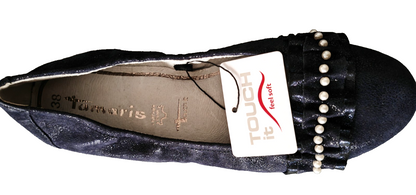 Tamaris Damen Ballerinas Gr. 38 Dunkelblau Perlen Lack Touch It Leder Schuhe G