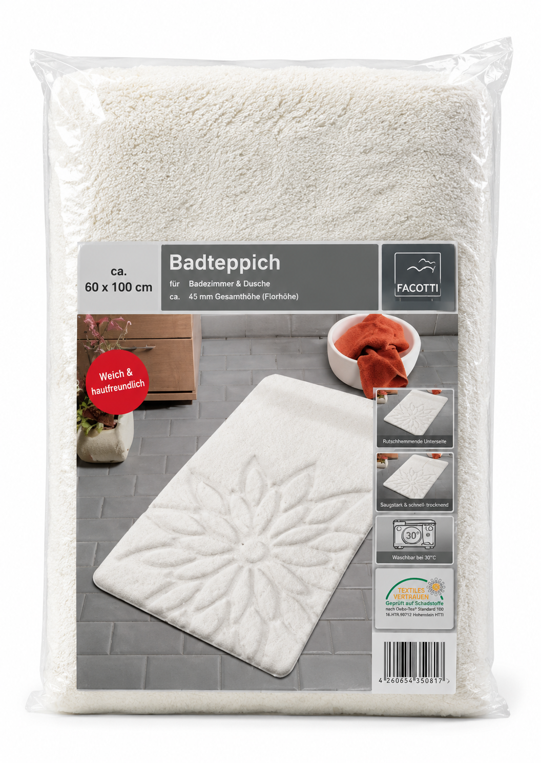 Facotti Badeteppich 60x100cm Weiß Mikrofaser Badematte Badezimmer
