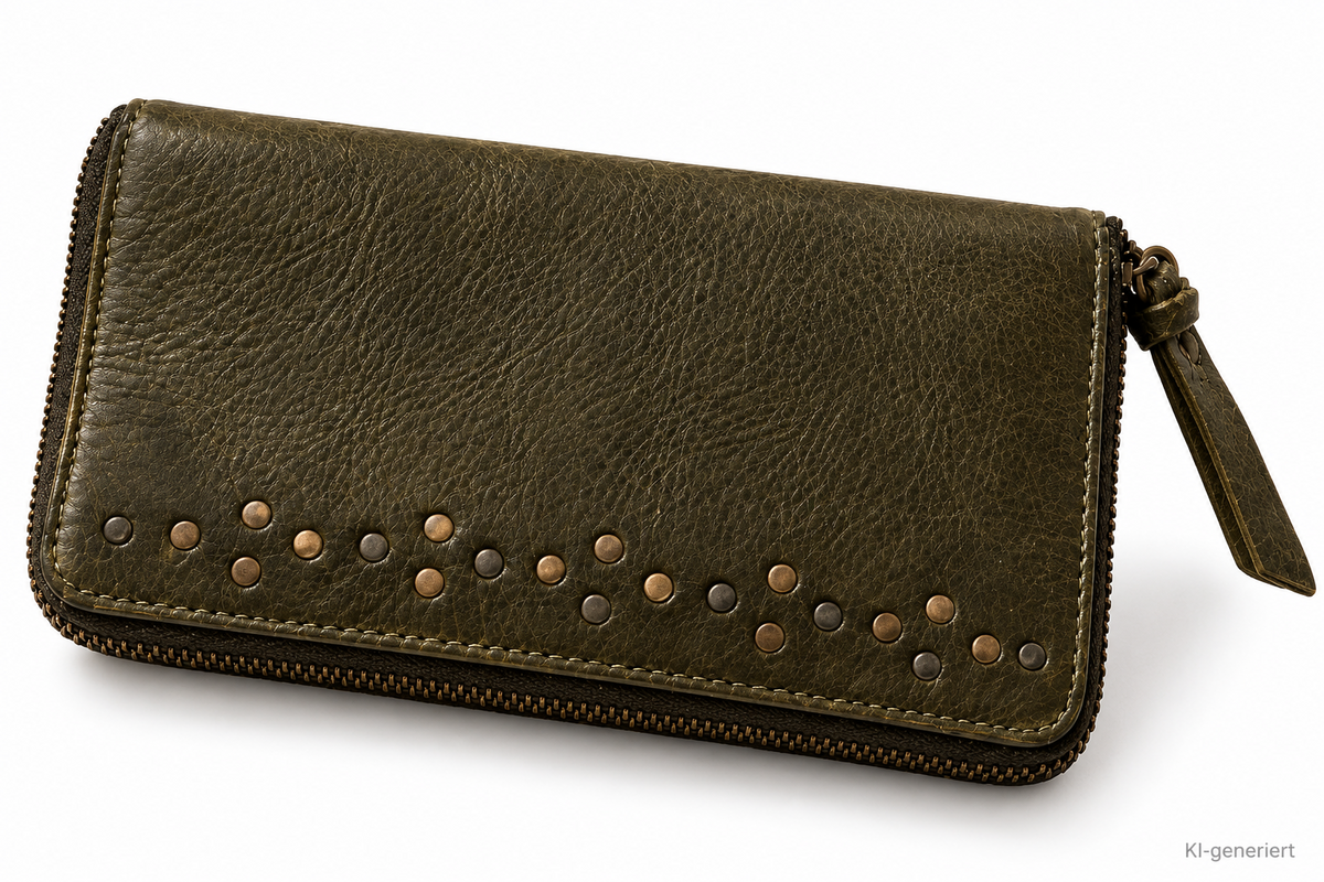 Desiderius Mons Nora Damen Geldbörse Dark Olive Echtleder Portemonnaie Nieten H2