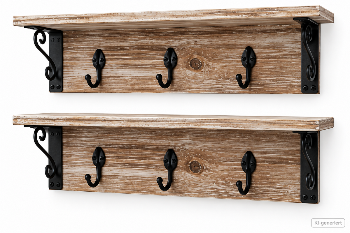 Spiretro S00029 Wandregal 2er Set Holz Garderobe 6 Haken Shabby Landhaus HA1