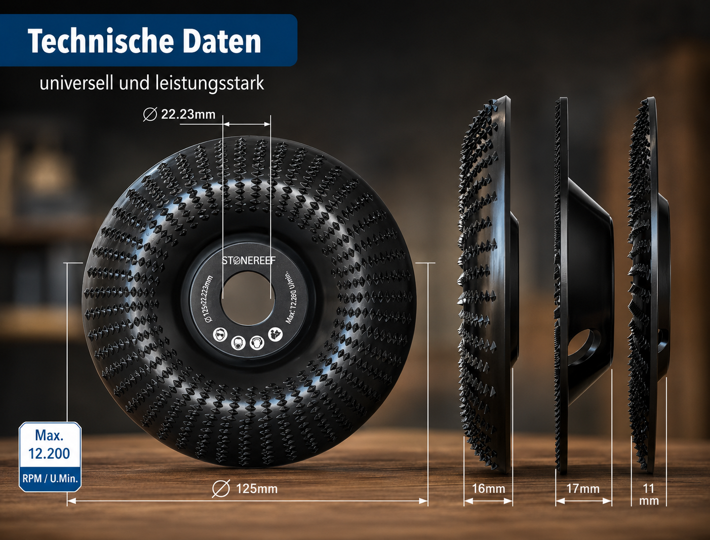 Holz Schleifscheibe 125mm Winkelschleifer Frässcheibe Holzfräser Abtrag A3