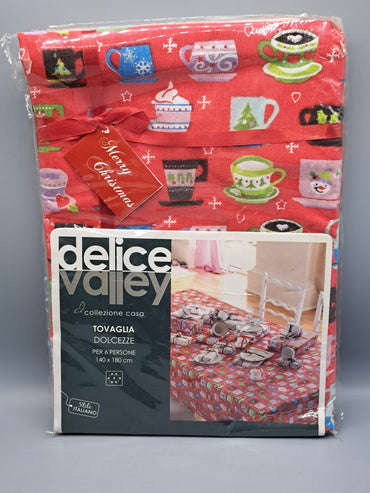 Delice Valley Weihnachtstischdecke Rot 140x180 cm mit Tassen Motiv