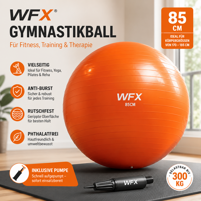WFX Gymnastikball Orange 85cm Sitzball Fitnessball Yoga Pilates Sport