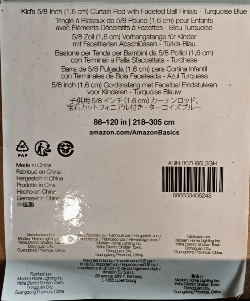 Amazon Basics Kindergardinenstange 218-305 cm Türkis Blau Kristall Endstücke H10