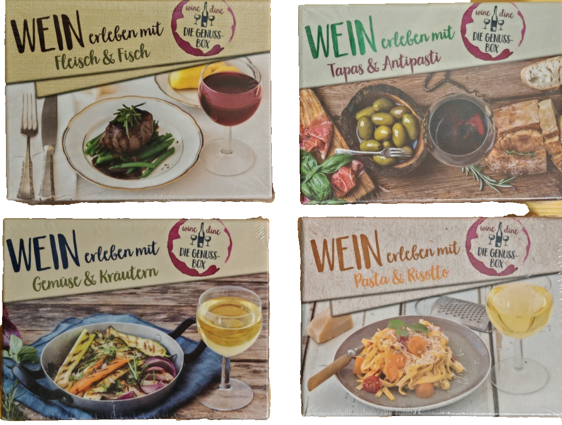 4x Wine & Dine Genuss-Box Wein Rezeptkarten Fleisch Tapas Gemüse Pasta 200