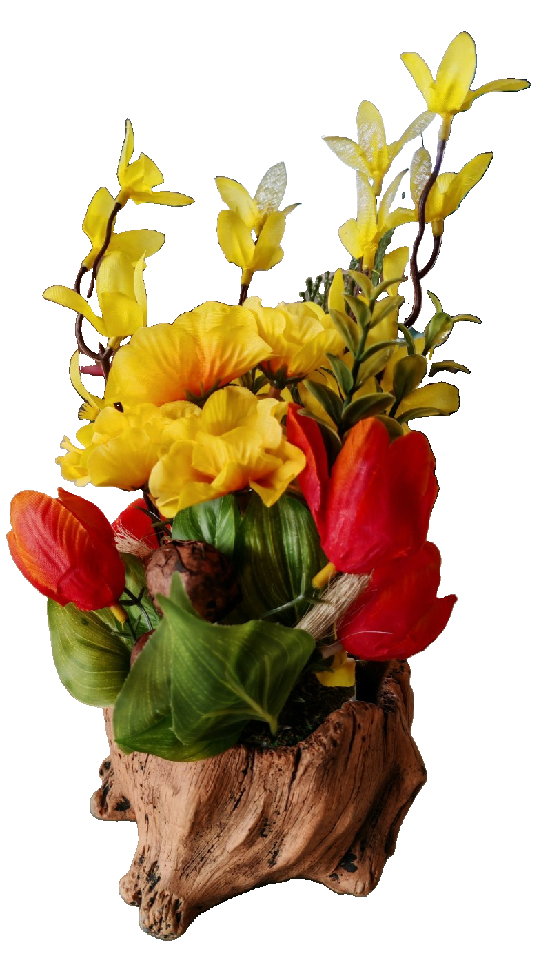 Kunstblumen Gesteck 25 cm Gelb Rot Frühlingsdeko Tulpen Narzissen Tischdeko B3