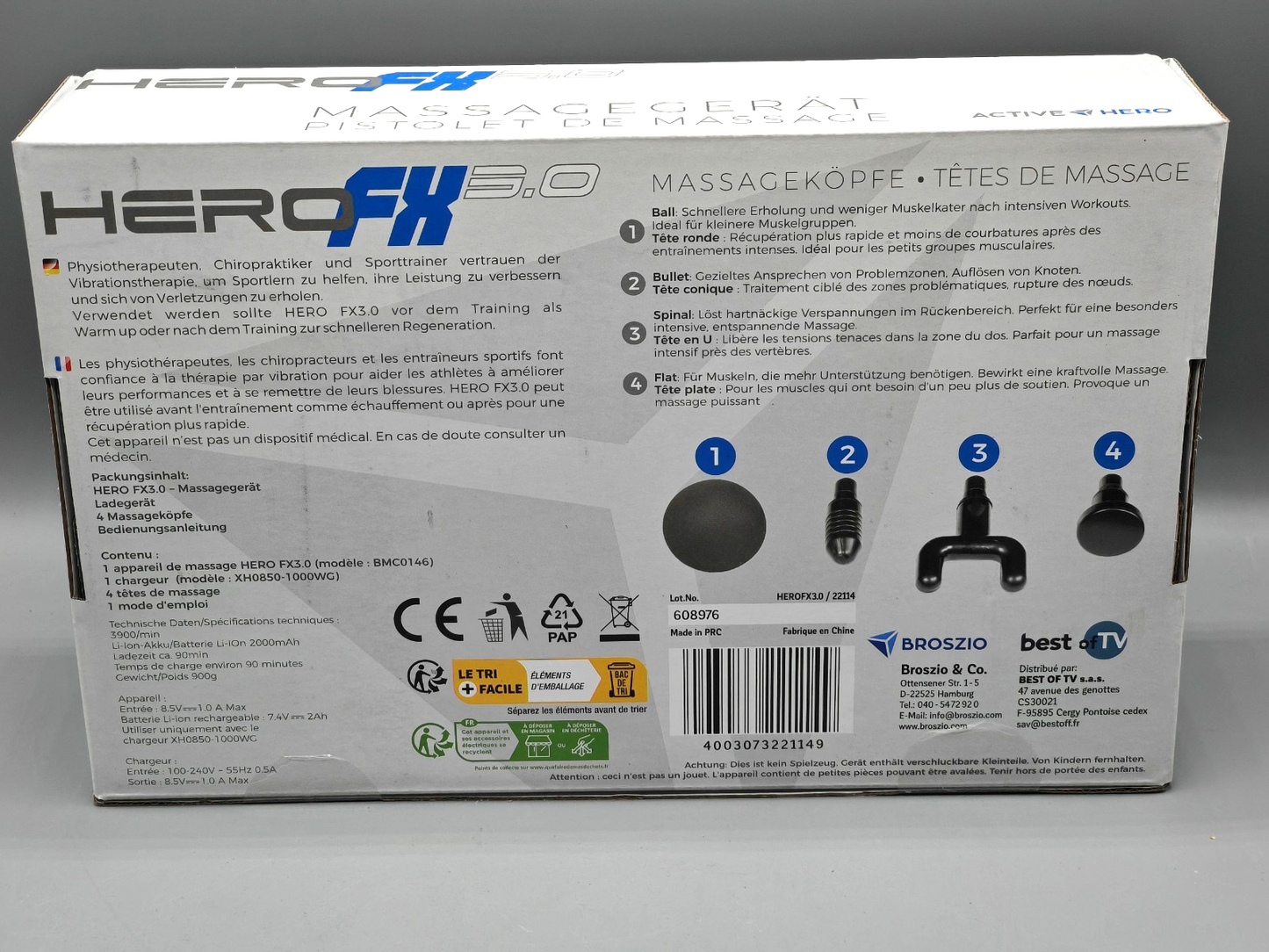 Hero FX 3.0 Massage Gun Massagepistole Muskelmassagegerät 4 Köpfe F4