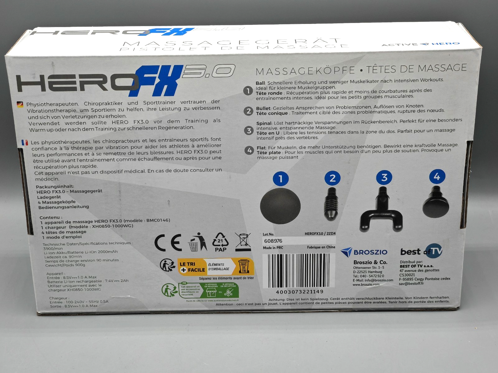 Hero FX 3.0 Massage Gun Massagepistole Muskelmassagegerät 4 Köpfe F4