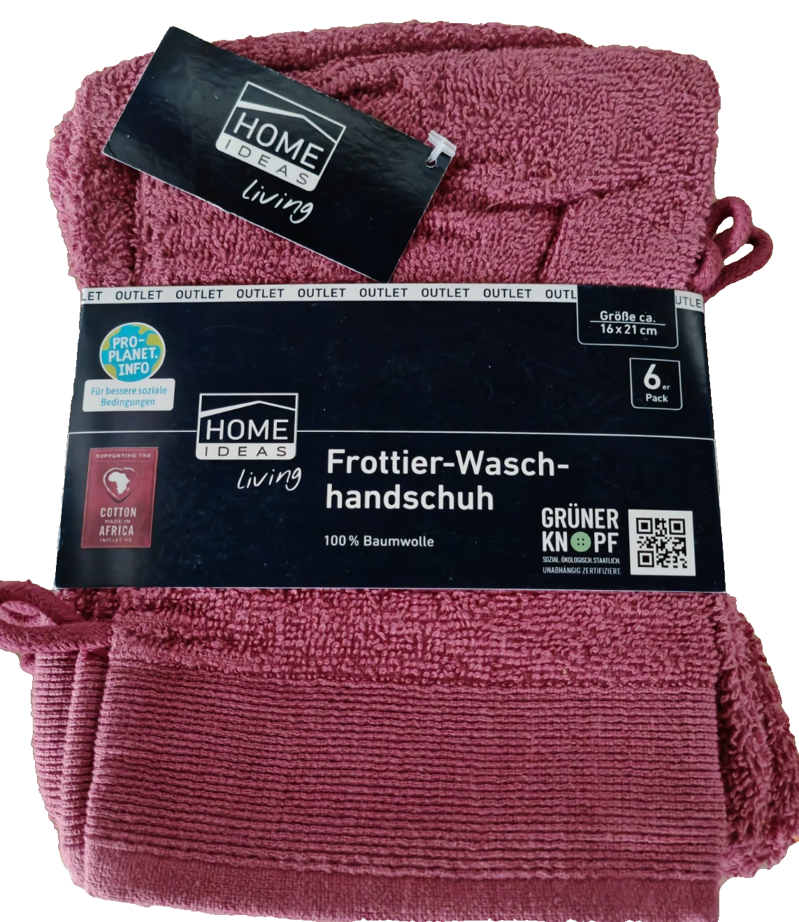 HOME IDEAS Living 6x Frottier Waschhandschuh 16x21 cm Baumwolle Rosa Beere E4