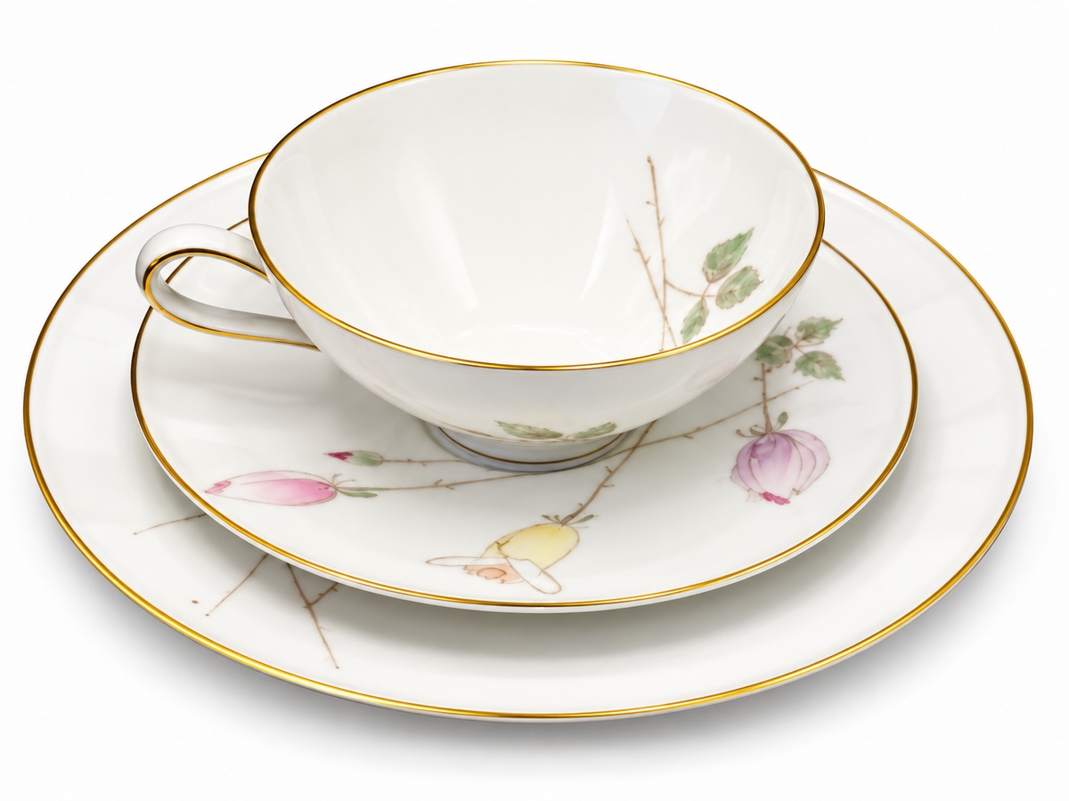 Hutschenreuther HCG Bavaria Teegedeck 3-teilig Porzellan Blumen Goldrand