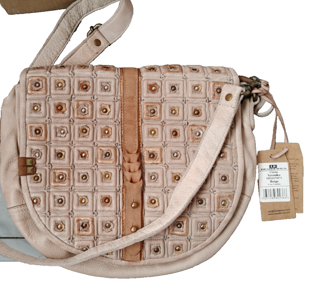 DESIDERIUS Veronika Damen Umhängetasche Beige Rindsleder Echtleder Nieten H3