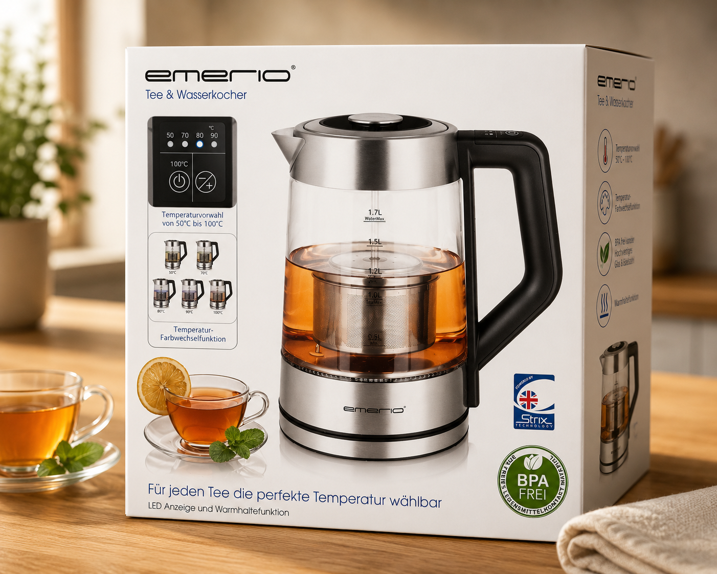 Emerio WK-122730 Glas Teekocher 1,7L Temperaturwahl Teesieb 2200W LED B03