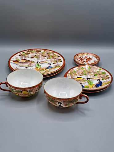 Teeservice 2 Personen, 2 Tassen, Teller, Unterteller, Zusatzteller