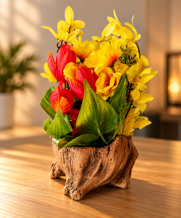 Kunstblumen Gesteck Gelb Rot im Baumstamm Topf 22 cm Blumendeko Tischdeko C6