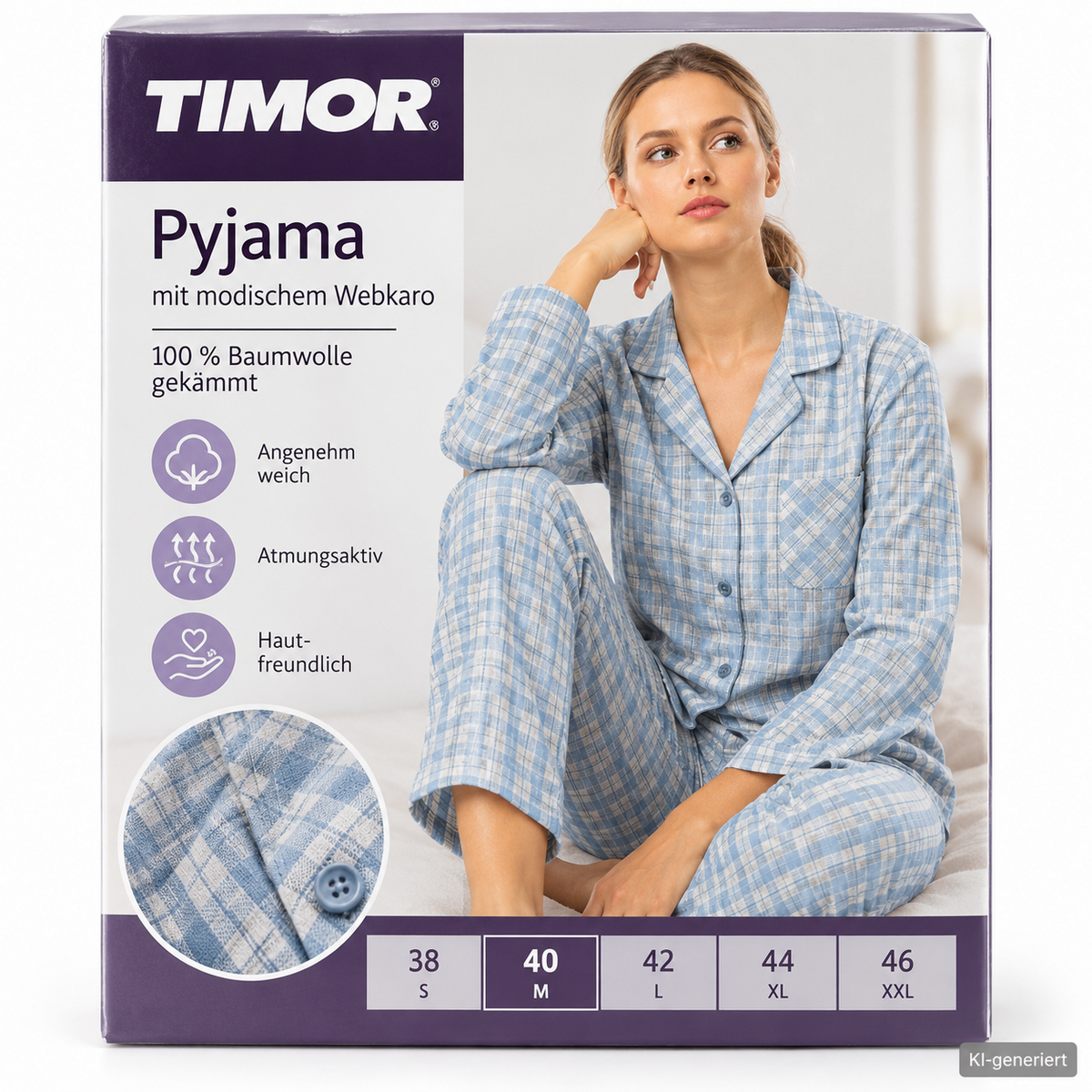 TIMOR Damen Pyjama Gr. 46 Blau Weiß Karo 100% Baumwolle Schlafanzug Lang G3
