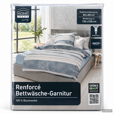 HOME IDEAS Renforcé Bettwäsche 135x200 80x80 Baumwolle Grau Blau 2-teilig E5