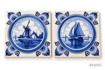 Delfts Holland 2 Fliesen 15 cm Blau Weiß Windmühle Segelboot Untersetzer