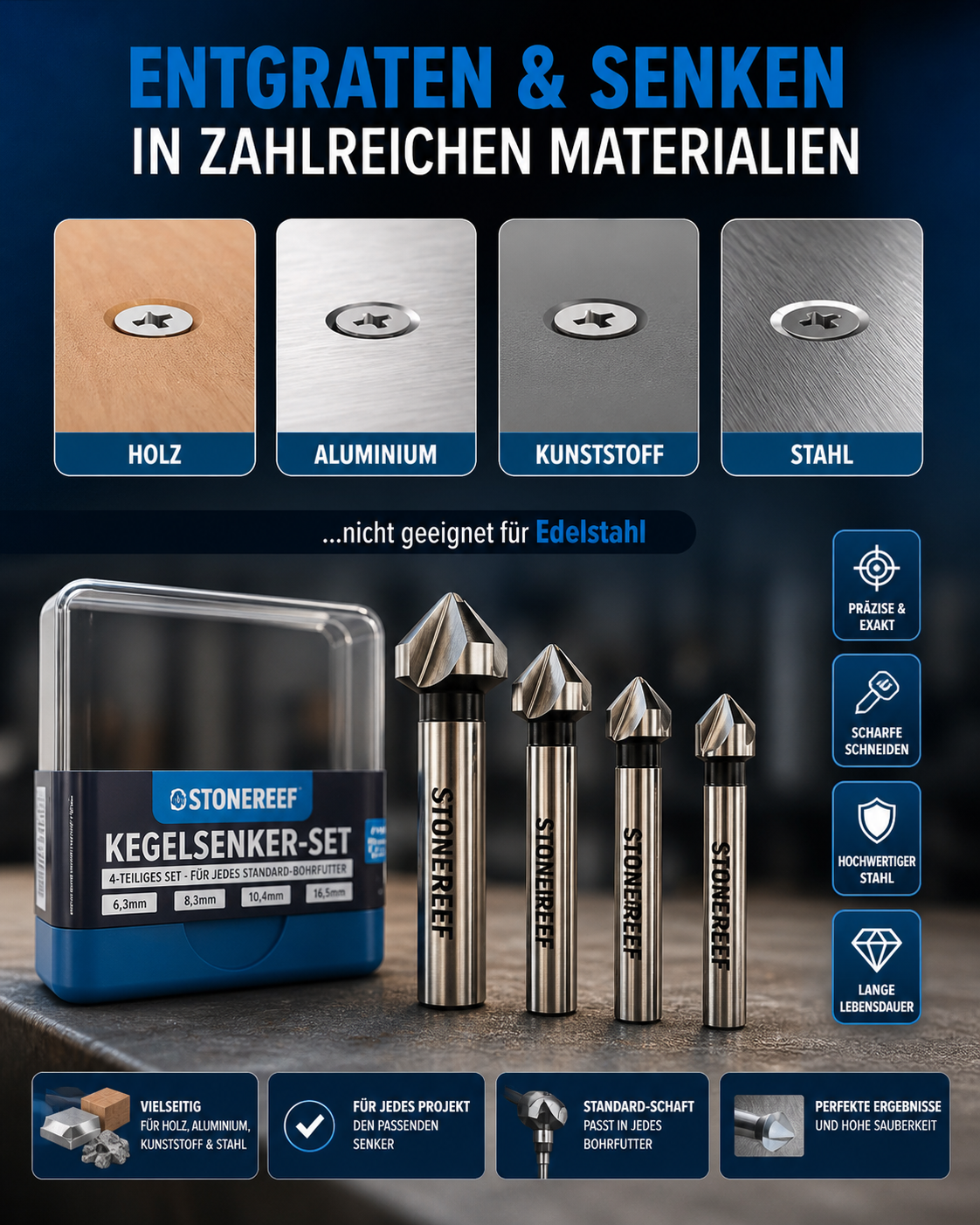 Kegelsenker Set 4tlg HSS 6,3-16,5mm Metall Holz Senker Bohrer Set