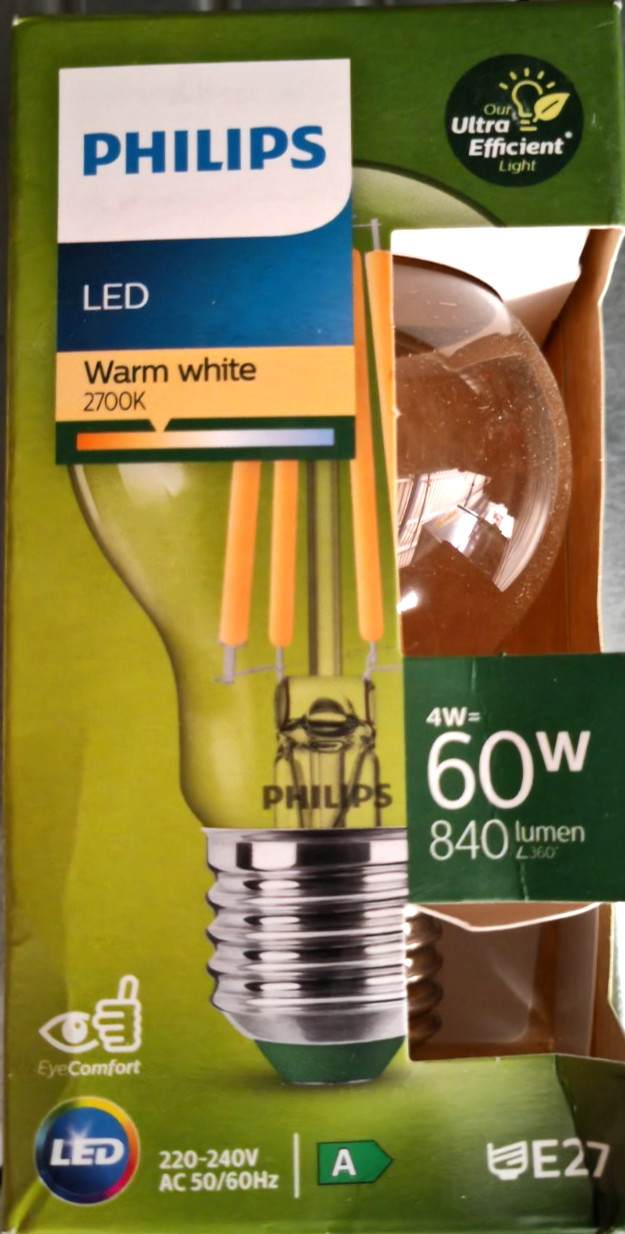 Philips Ultra Efficient LED E27 4W 840lm 2700K Warmweiß Filament A60 HA34