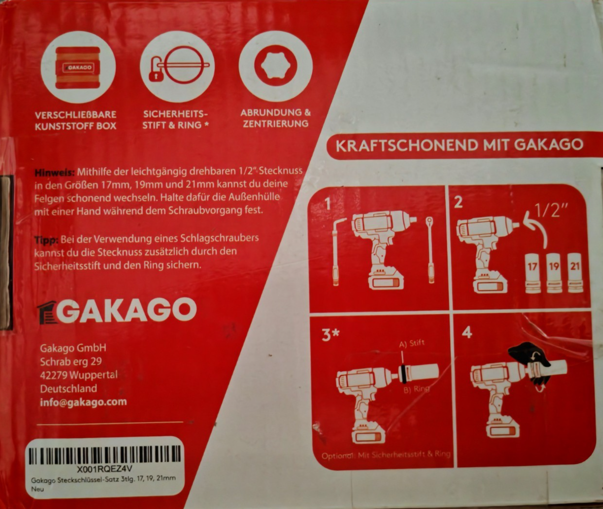 Gakago Kraft-Schoneinsatz 17 19 21mm Radmuttern Nuss Set 1/2 Zoll Felgenschutz