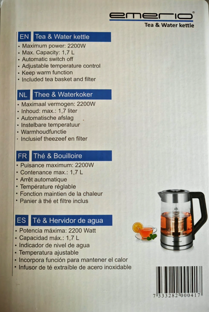 Emerio WK-122730 Glas Teekocher 1,7L Temperaturwahl Teesieb 2200W LED B03