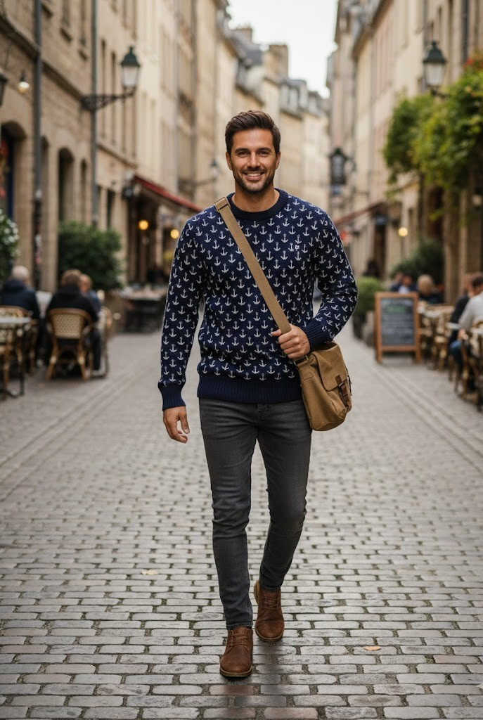 Strandfein Menswear Pullover Rundhalsausschnitt Rippbund Blau Anker Herren