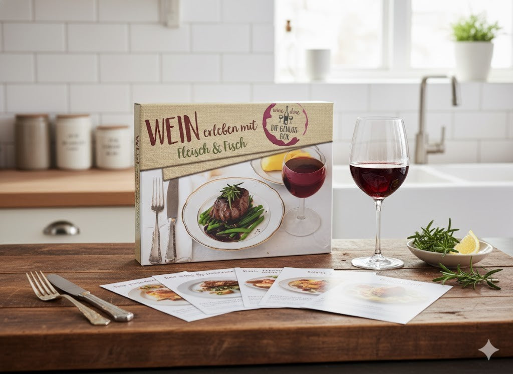 Wine & Dine Genuss-Box Fleisch & Fisch 50 Rezeptkarten Wein Rezepte Geschenk