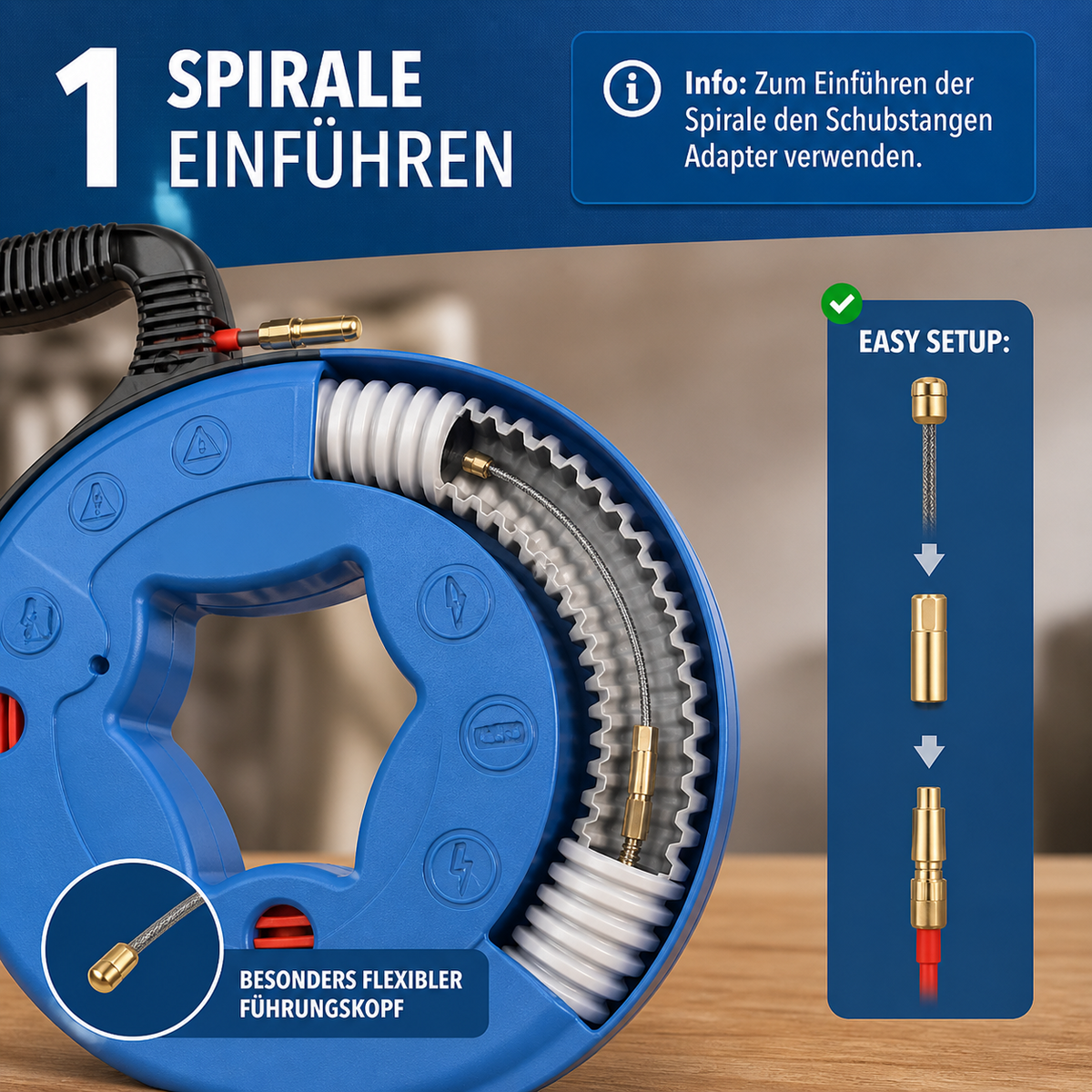 Einziehspirale 30m Kabeleinziehhilfe Kabelzieher Leerrohr Zugdraht B8 o.Adapter