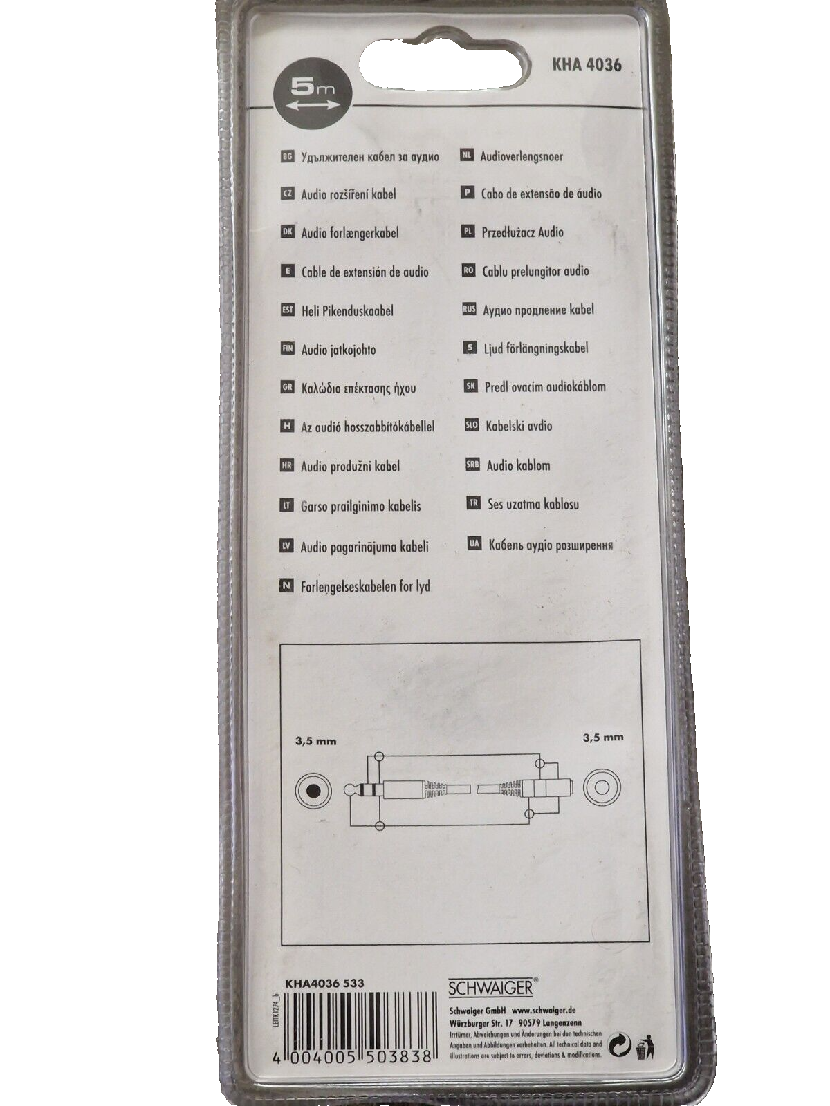 Schwaiger KHA4036 Audio Verlängerungskabel 5m Stereo AUX Kabel