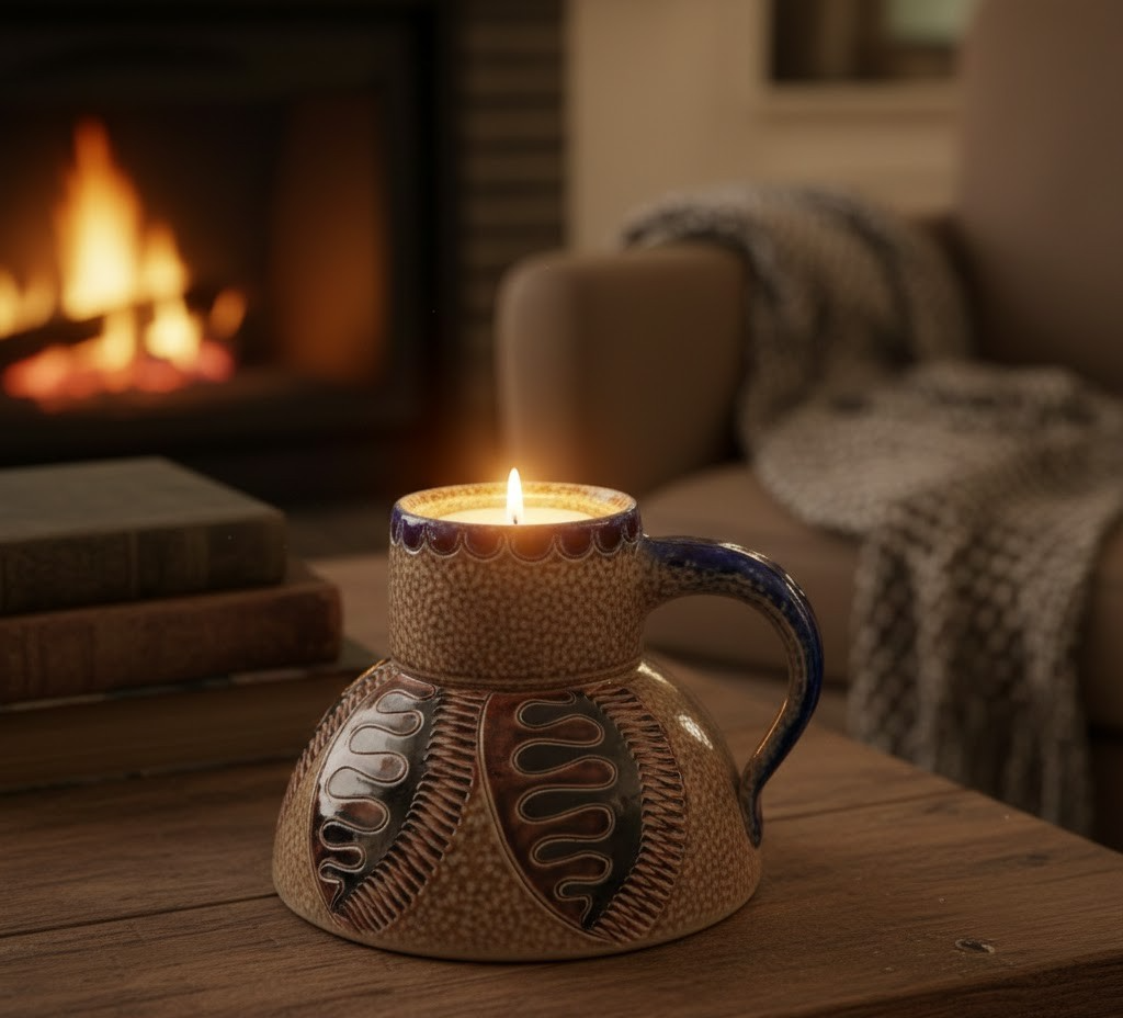 Ton Kerzenständer mit Henkel 10cm Antiquität Vintage Deko