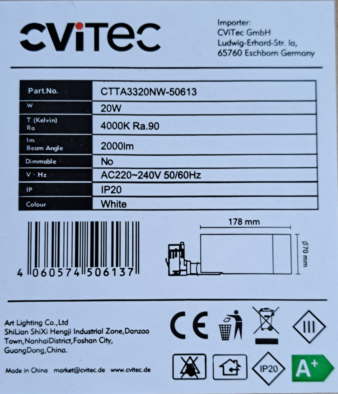 CViTEC LED Schienenstrahler 20W 2000lm 4000K Ra90 Weiß 3-Phasen Tracklight HA34