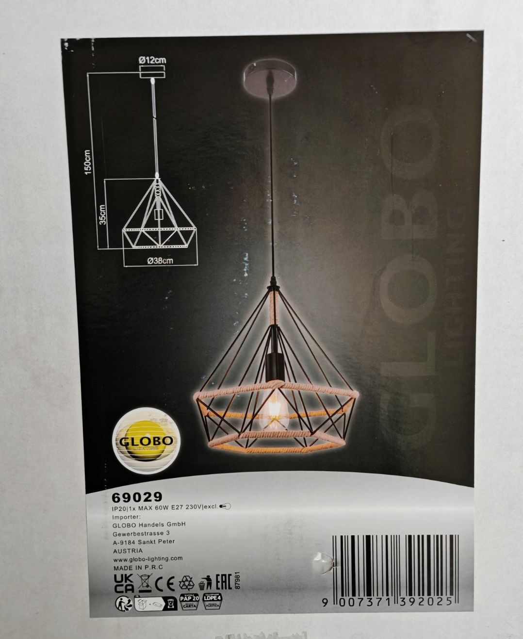 GLOBO ULLEU 69029 Hängeleuchte E27 Schwarz Hanfseil Ø38cm Pendelleuchte HA36