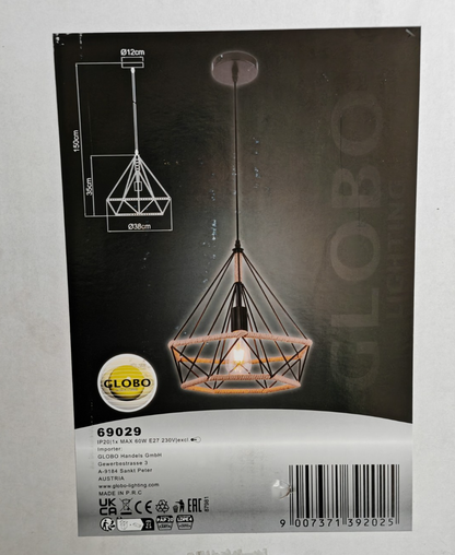 GLOBO ULLEU 69029 Hängeleuchte E27 Schwarz Hanfseil Ø38cm Pendelleuchte HA36