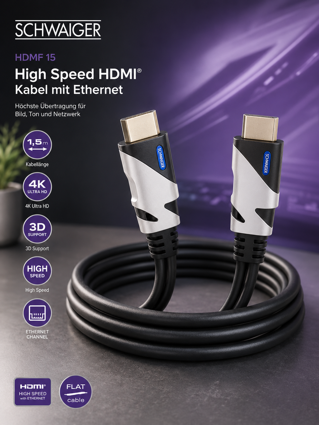 Schwaiger HDMF15 HDMI Kabel High Speed mit Ethernet TV Kabel