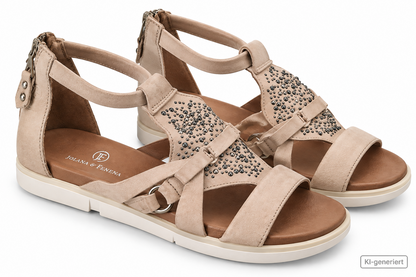 Jolana & Fenena Damen Sandalen Gr. 39 Beige Leder Strass Reißverschluss G2