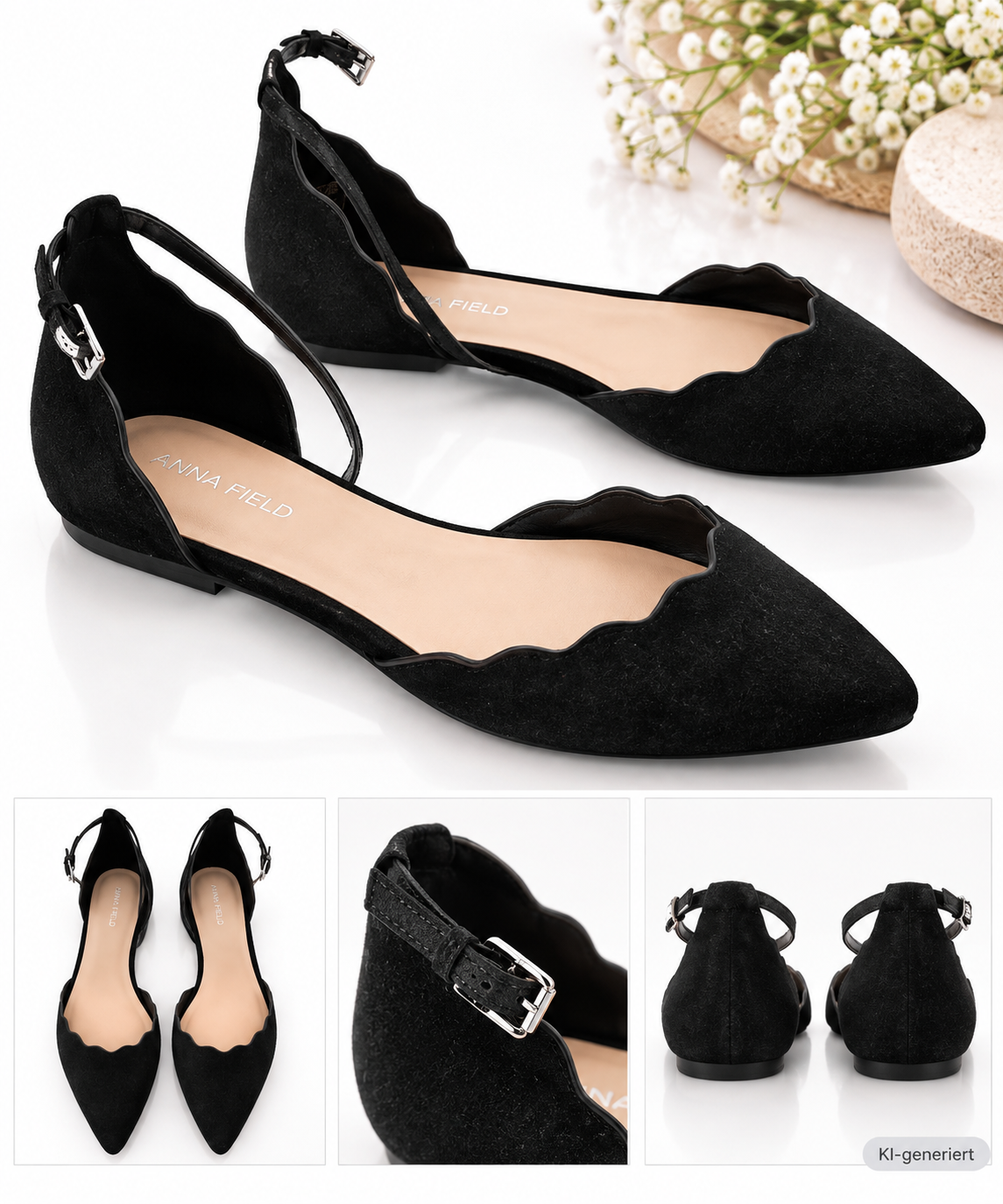 Anna Field Damen Riemchen Ballerinas Schwarz Gr. 40 Spitz Flache Schuhe G2