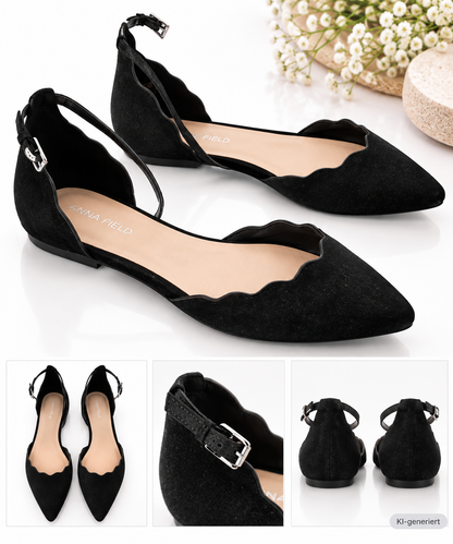 Anna Field Damen Riemchen Ballerinas Schwarz Gr. 40 Spitz Flache Schuhe G2