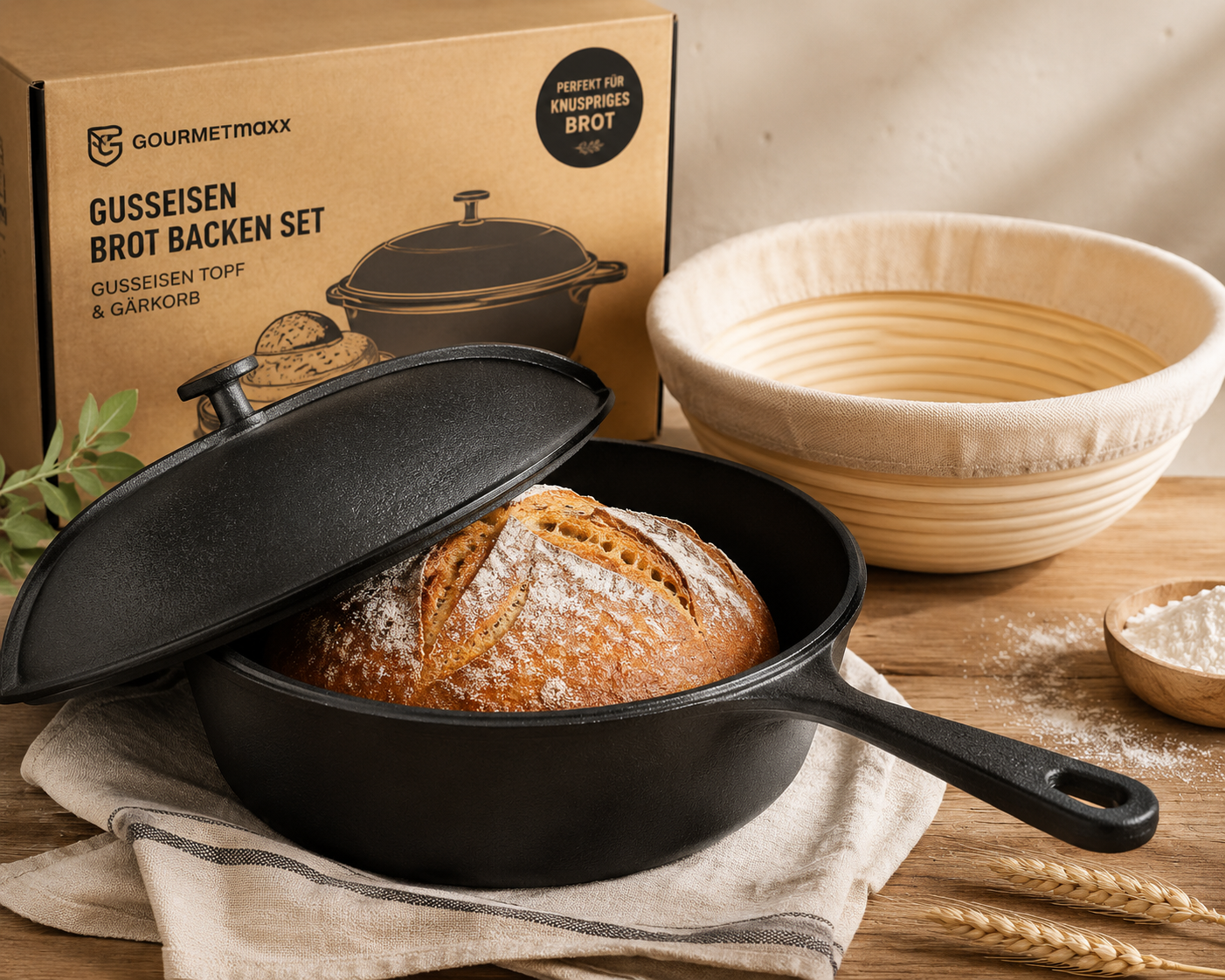 Brotbackform 26cm Gusseisen Topf Dutch Oven Brotbackset inkl. Gärkorb C-06