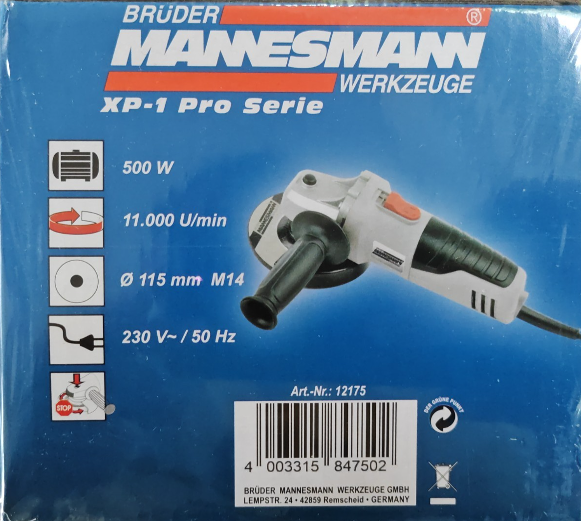 Brüder Mannesmann M12175 Einhand Winkelschleifer 115mm 500W Trennschleifer
